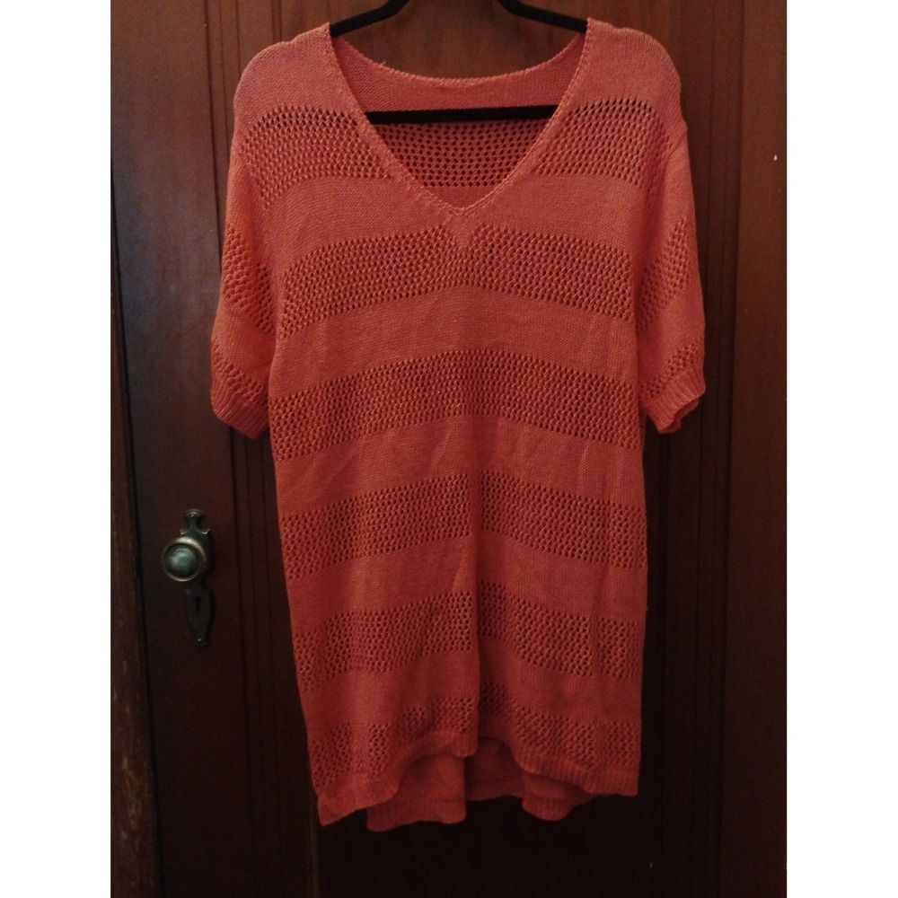 Boutique Coral Pink Crochet Knit V-Neck Tunic Short Sleeve Sweater 2XL